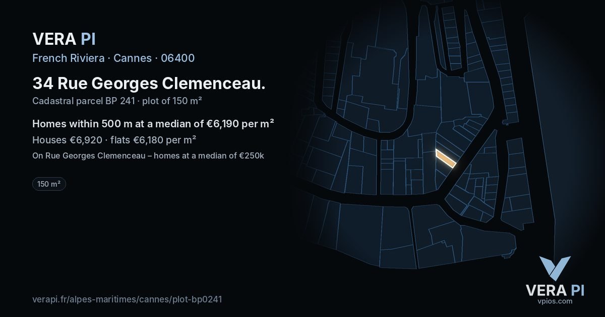 34 Rue Georges Clemenceau, Cannes at night – the plot lit, the parcels around coloured by the prices near them