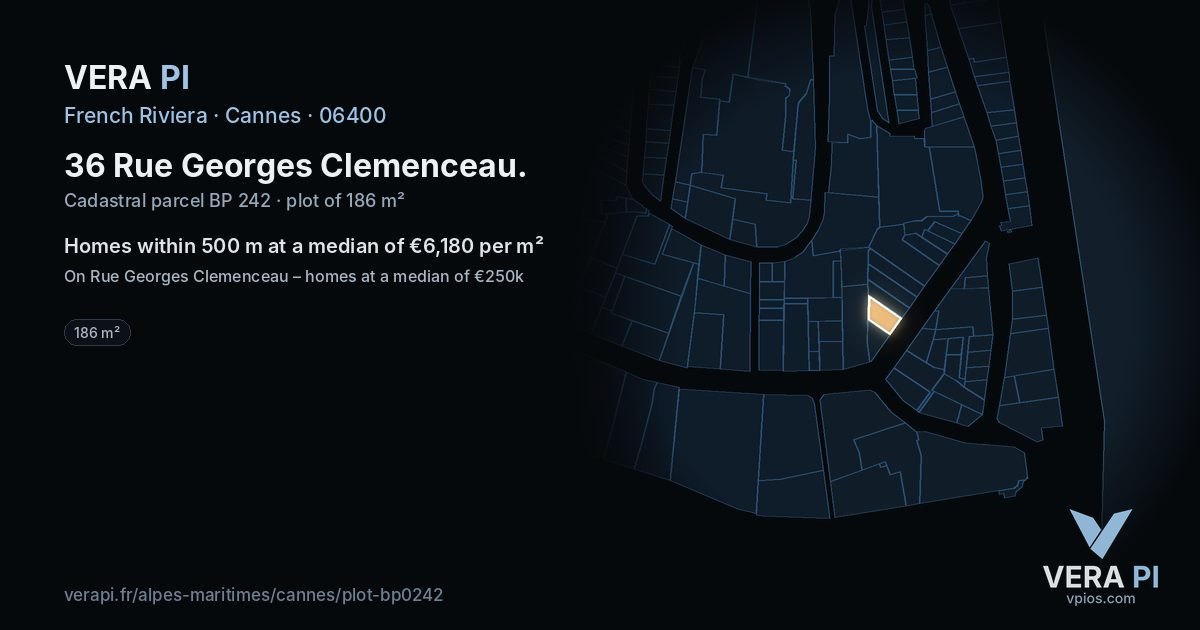 36 Rue Georges Clemenceau, Cannes at night – the plot lit, the parcels around coloured by the prices near them