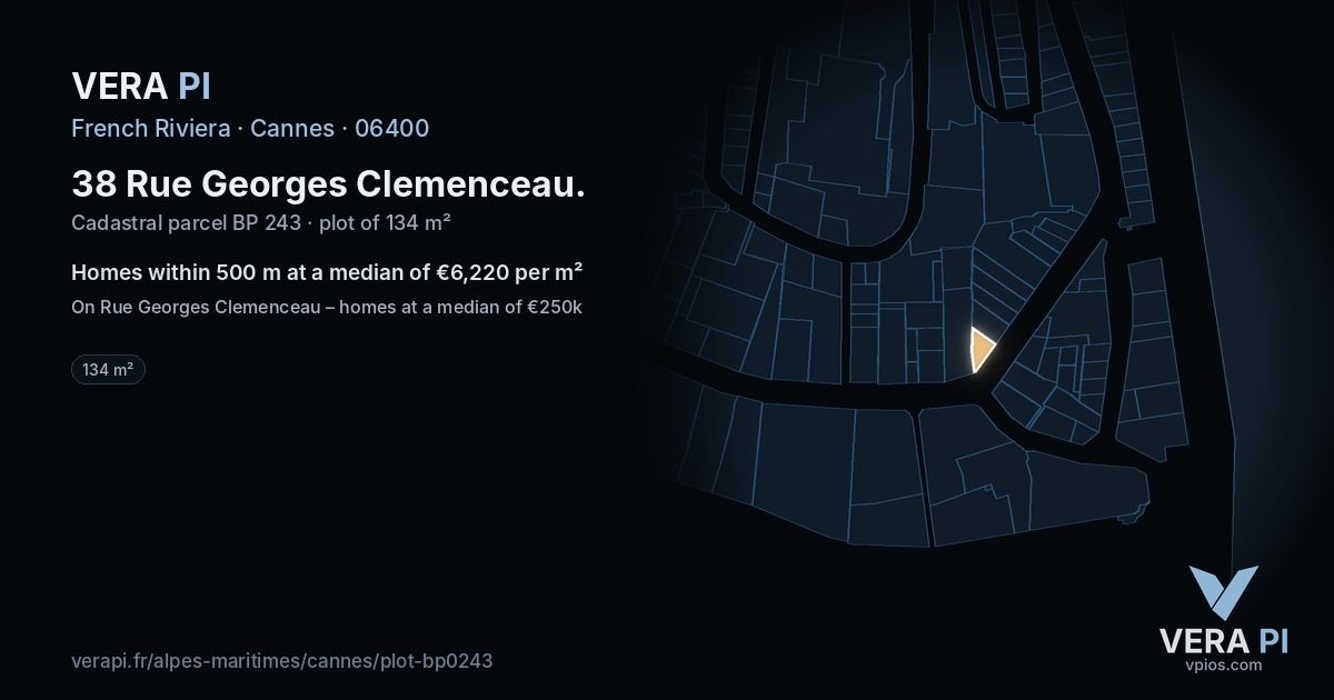 38 Rue Georges Clemenceau, Cannes at night – the plot lit, the parcels around coloured by the prices near them