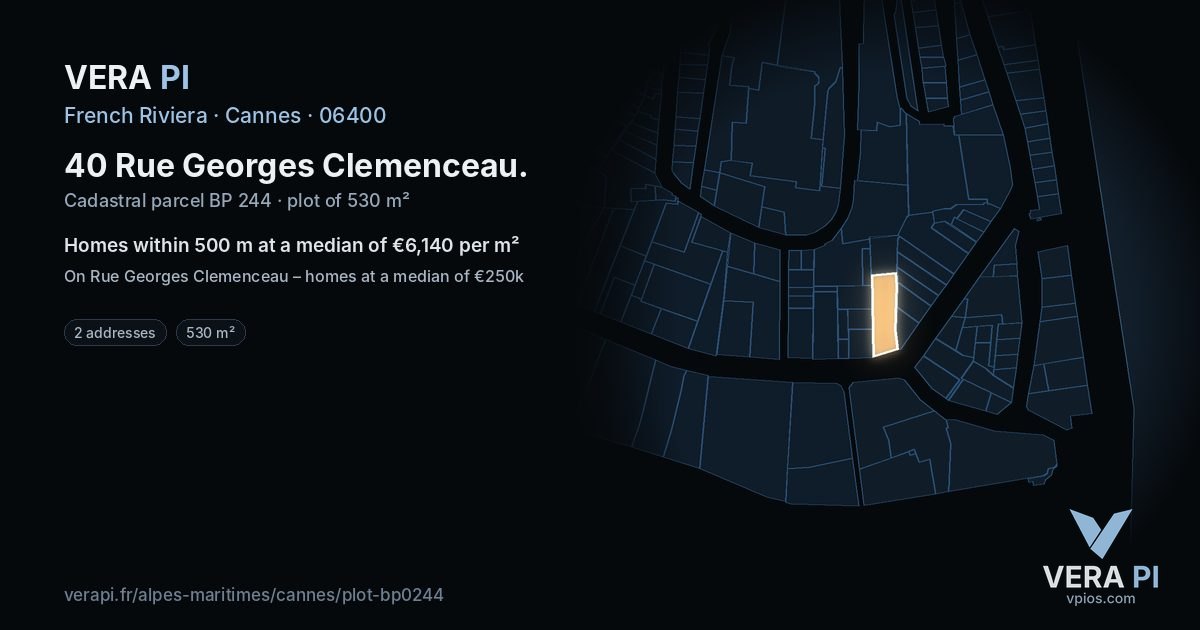 40 Rue Georges Clemenceau, Cannes at night – the plot lit, the parcels around coloured by the prices near them