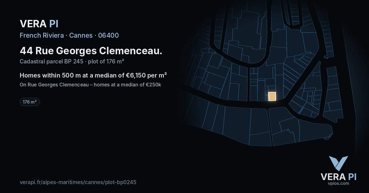 44 Rue Georges Clemenceau, Cannes at night – the plot lit, the parcels around coloured by the prices near them