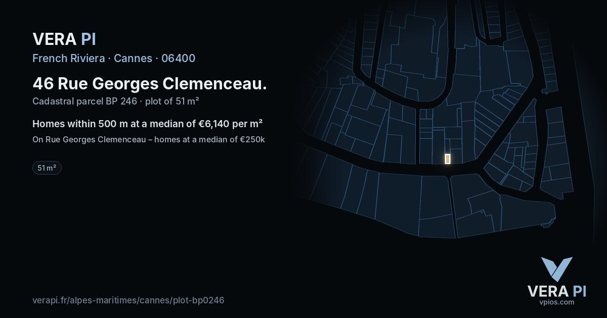 46 Rue Georges Clemenceau, Cannes at night – the plot lit, the parcels around coloured by the prices near them