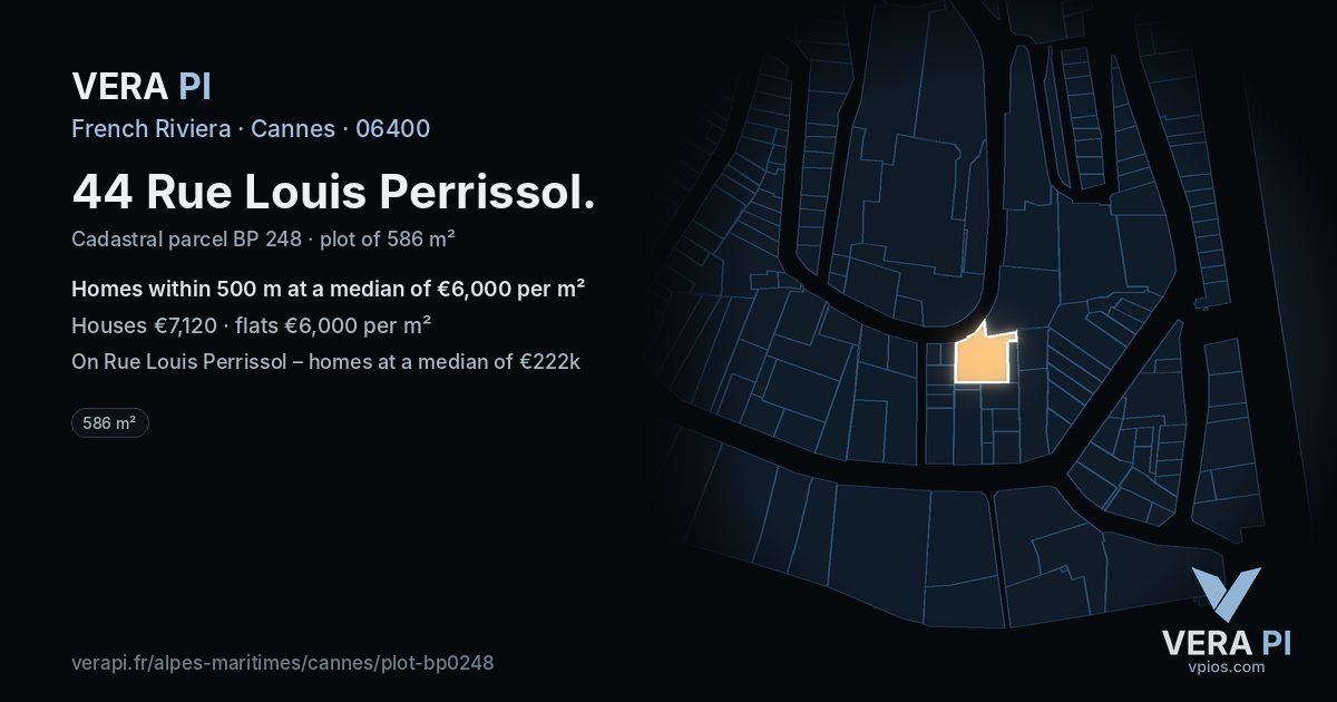 44 Rue Louis Perrissol, Cannes at night – the plot lit, the parcels around coloured by the prices near them