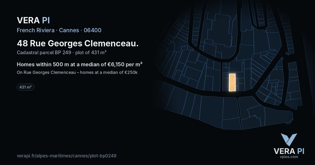 48 Rue Georges Clemenceau, Cannes at night – the plot lit, the parcels around coloured by the prices near them