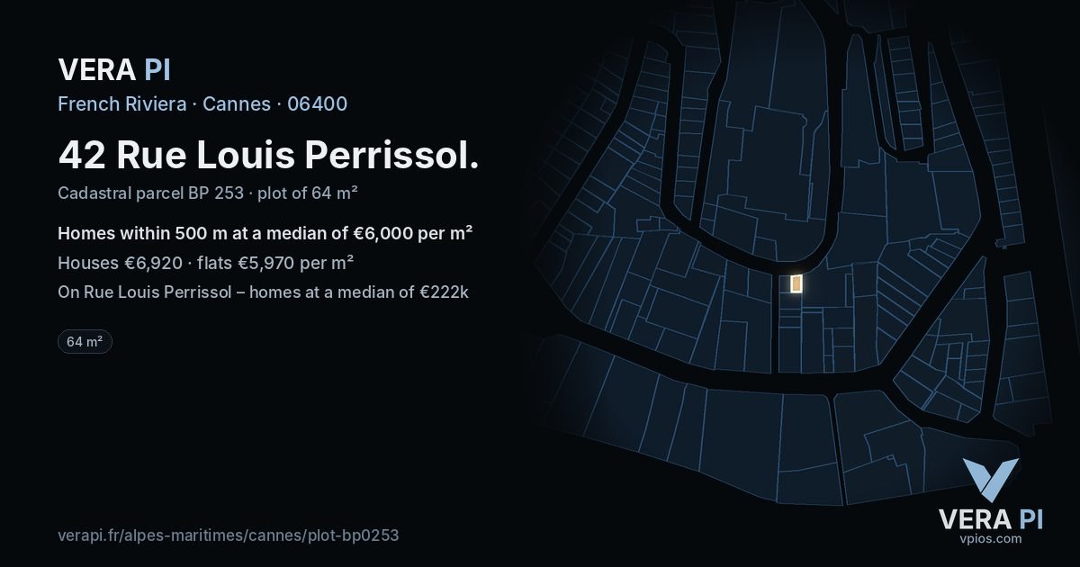 42 Rue Louis Perrissol, Cannes at night – the plot lit, the parcels around coloured by the prices near them