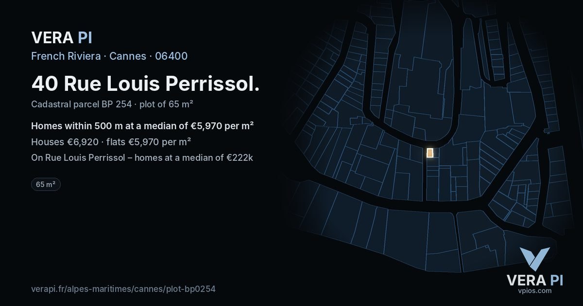 40 Rue Louis Perrissol, Cannes at night – the plot lit, the parcels around coloured by the prices near them