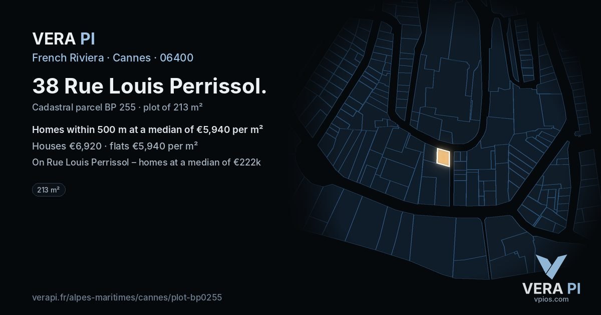 38 Rue Louis Perrissol, Cannes at night – the plot lit, the parcels around coloured by the prices near them