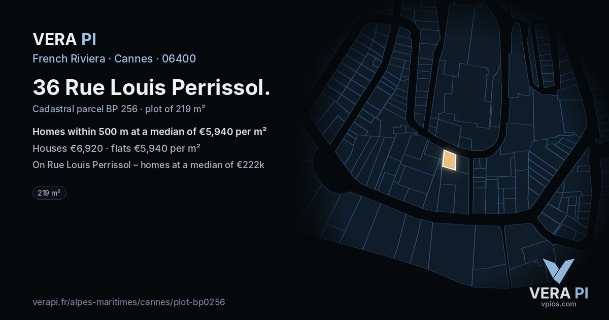 36 Rue Louis Perrissol, Cannes at night – the plot lit, the parcels around coloured by the prices near them