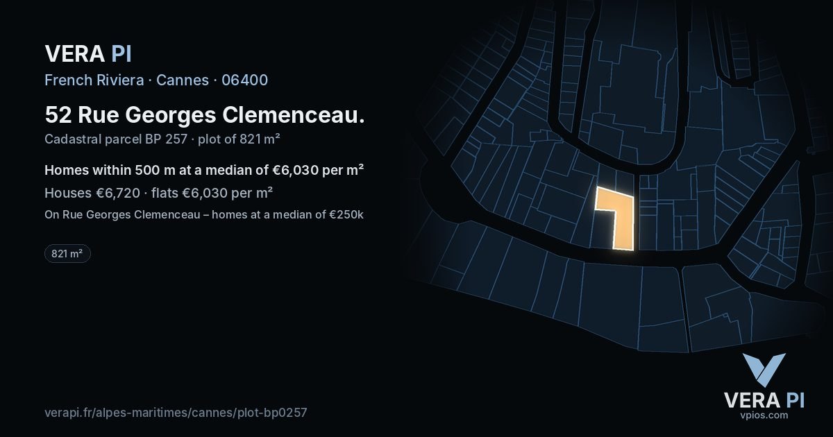 52 Rue Georges Clemenceau, Cannes at night – the plot lit, the parcels around coloured by the prices near them