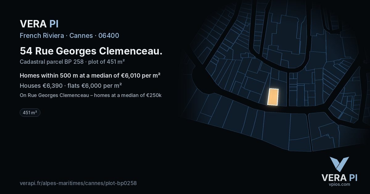 54 Rue Georges Clemenceau, Cannes at night – the plot lit, the parcels around coloured by the prices near them
