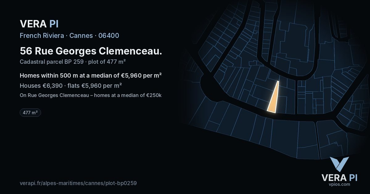 56 Rue Georges Clemenceau, Cannes at night – the plot lit, the parcels around coloured by the prices near them