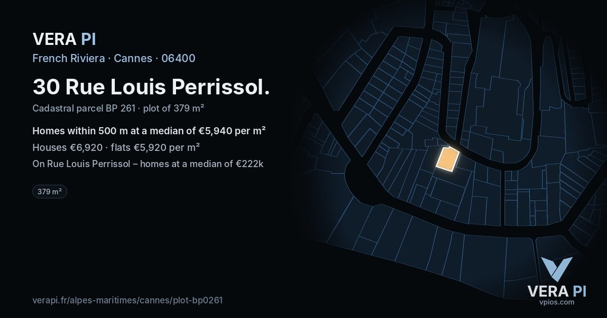 30 Rue Louis Perrissol, Cannes at night – the plot lit, the parcels around coloured by the prices near them
