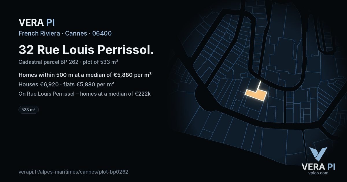 32 Rue Louis Perrissol, Cannes at night – the plot lit, the parcels around coloured by the prices near them