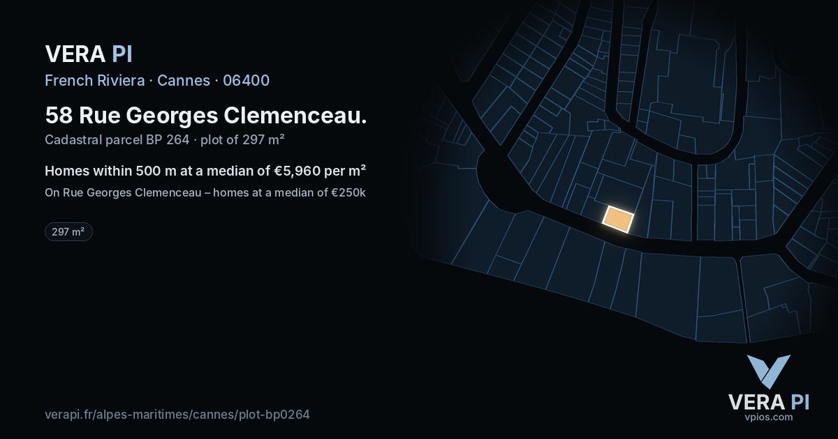 58 Rue Georges Clemenceau, Cannes at night – the plot lit, the parcels around coloured by the prices near them