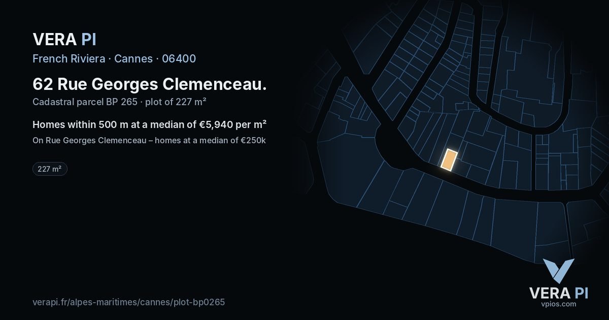 62 Rue Georges Clemenceau, Cannes at night – the plot lit, the parcels around coloured by the prices near them