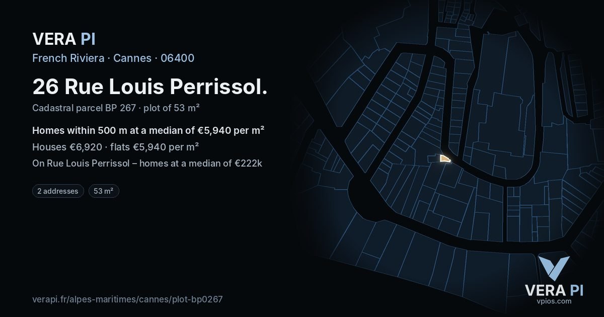 26 Rue Louis Perrissol, Cannes at night – the plot lit, the parcels around coloured by the prices near them