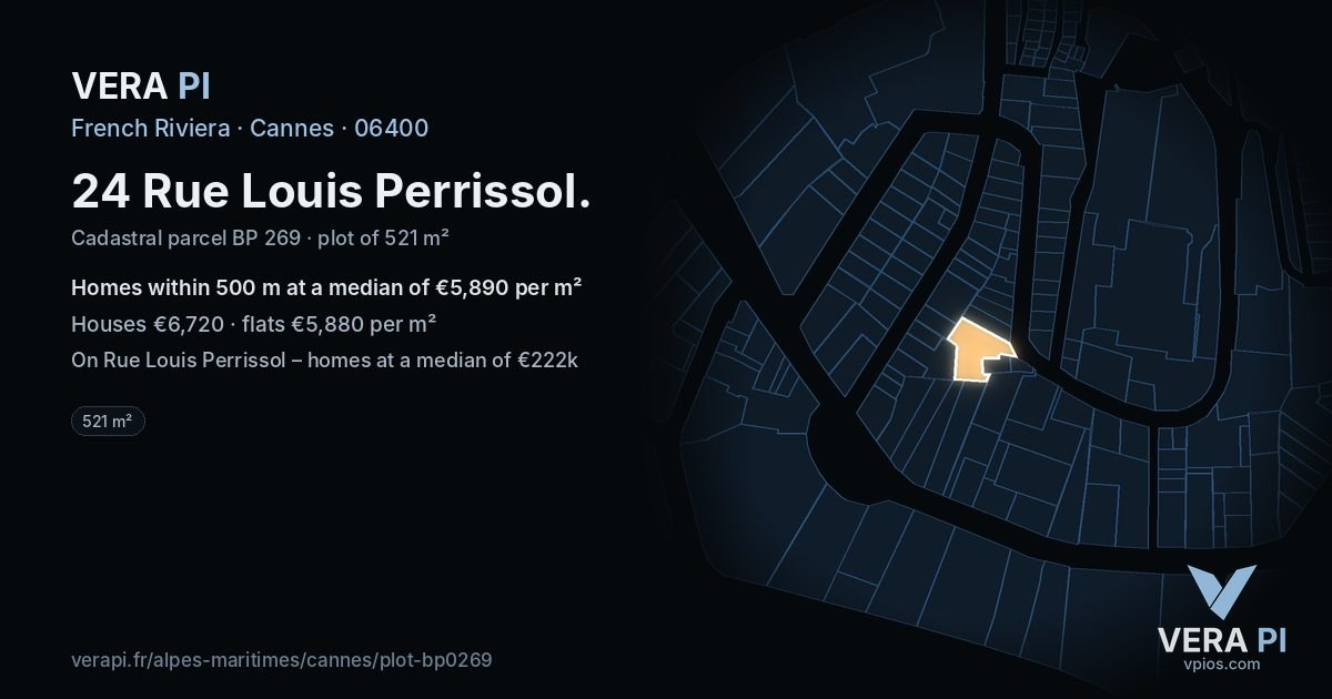 24 Rue Louis Perrissol, Cannes at night – the plot lit, the parcels around coloured by the prices near them