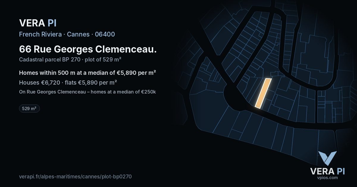 66 Rue Georges Clemenceau, Cannes at night – the plot lit, the parcels around coloured by the prices near them