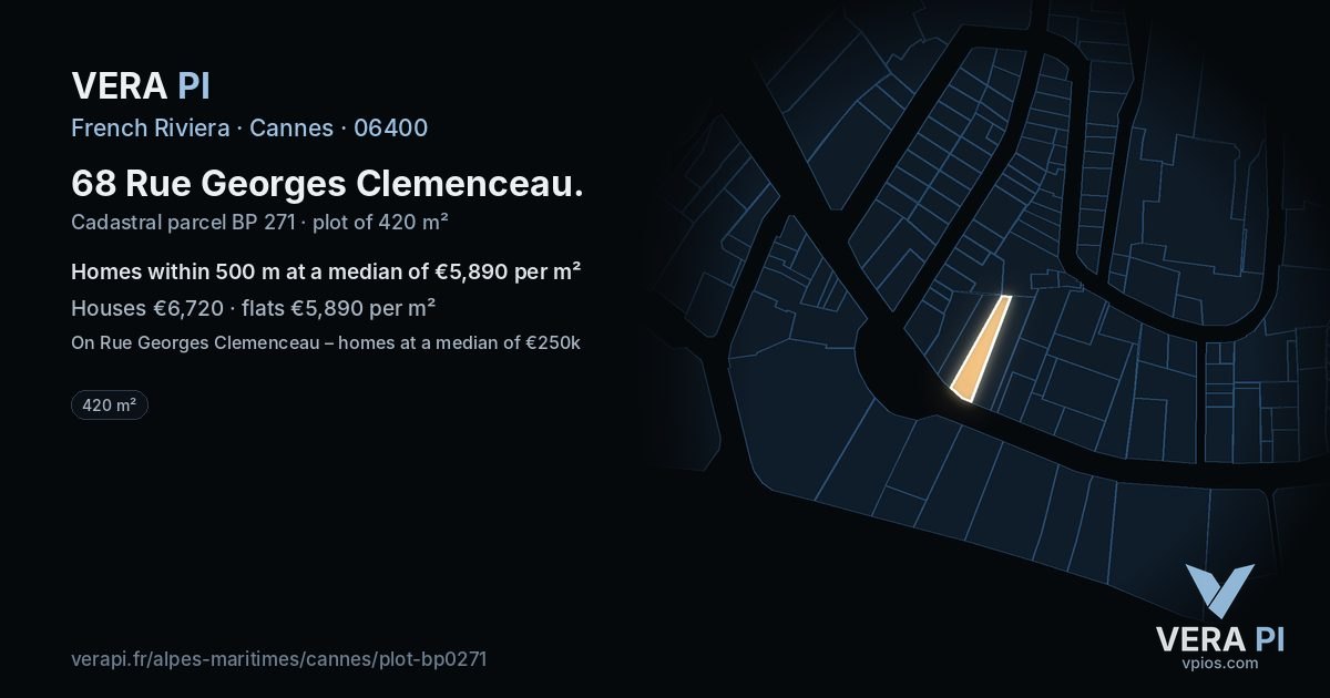 68 Rue Georges Clemenceau, Cannes at night – the plot lit, the parcels around coloured by the prices near them
