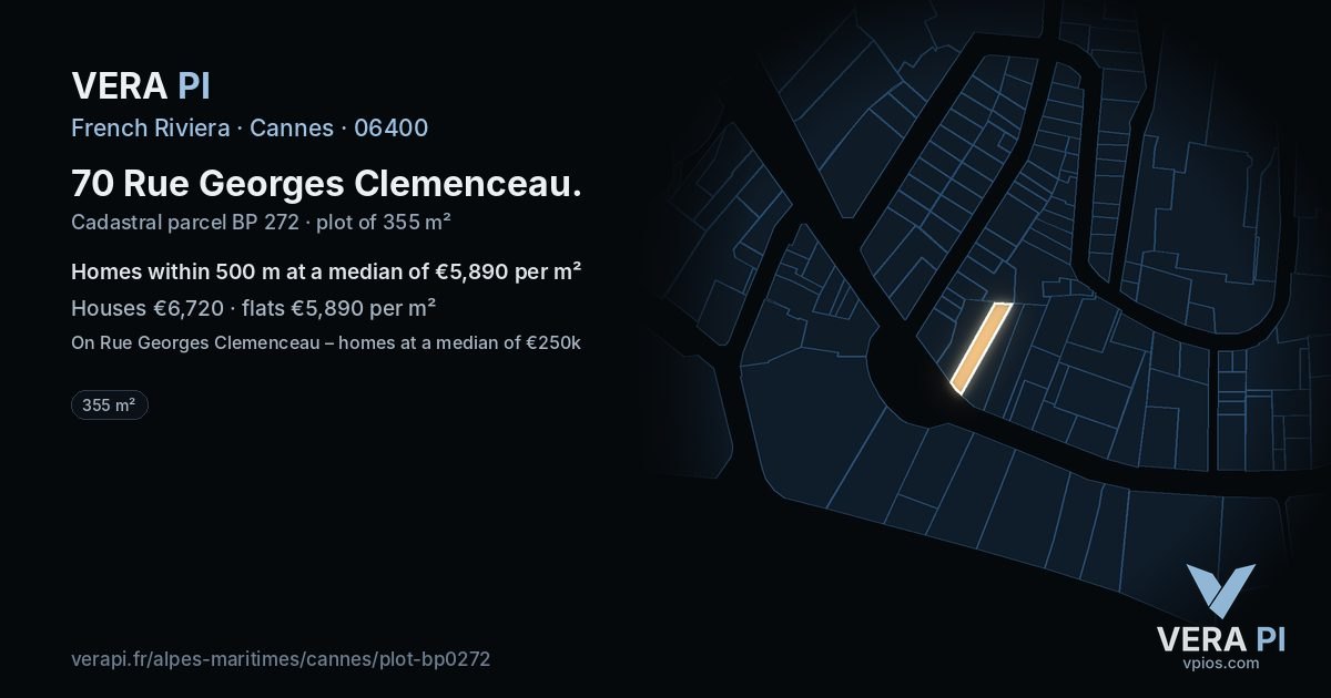 70 Rue Georges Clemenceau, Cannes at night – the plot lit, the parcels around coloured by the prices near them