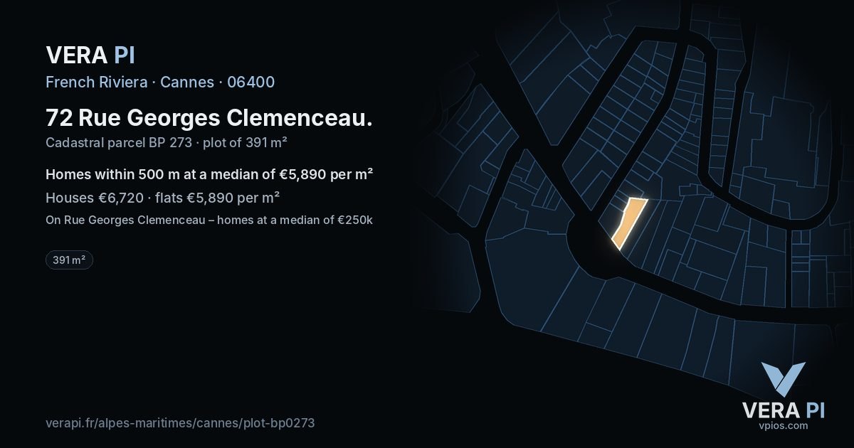 72 Rue Georges Clemenceau, Cannes at night – the plot lit, the parcels around coloured by the prices near them