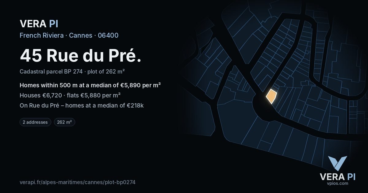 45 Rue du Pré, Cannes at night – the plot lit, the parcels around coloured by the prices near them