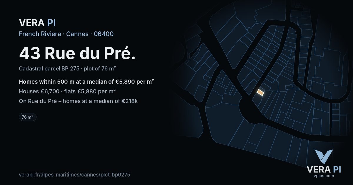43 Rue du Pré, Cannes at night – the plot lit, the parcels around coloured by the prices near them