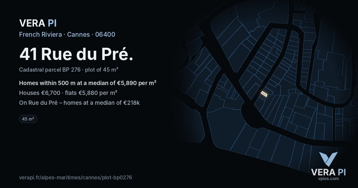 41 Rue du Pré, Cannes at night – the plot lit, the parcels around coloured by the prices near them