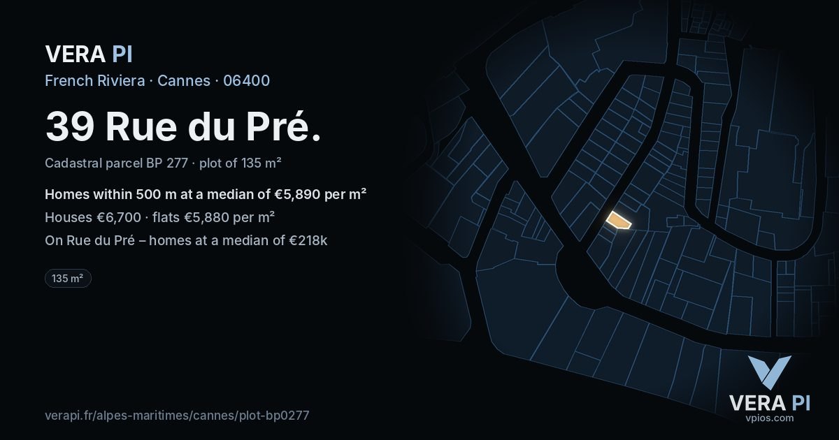 39 Rue du Pré, Cannes at night – the plot lit, the parcels around coloured by the prices near them