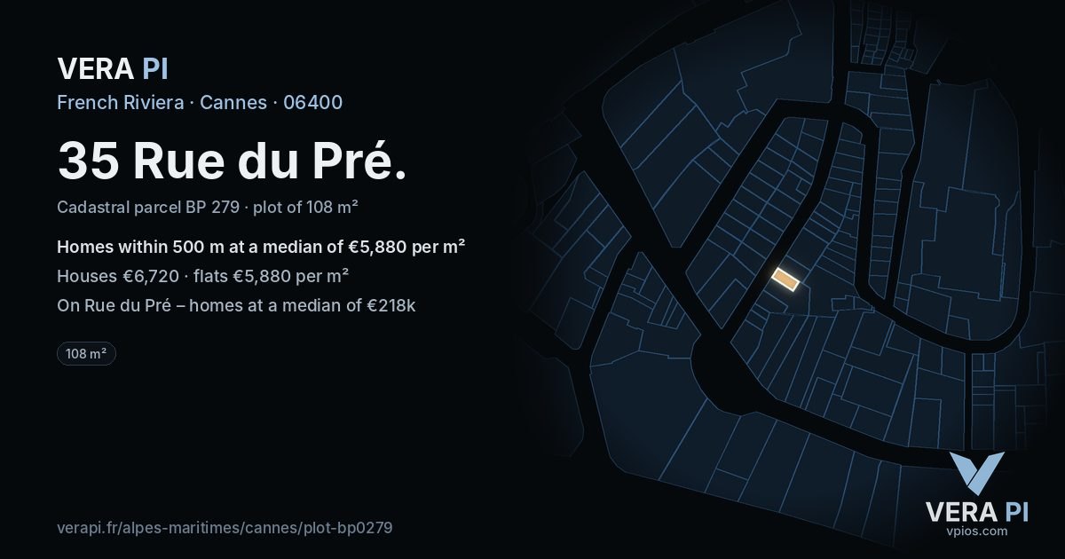 35 Rue du Pré, Cannes at night – the plot lit, the parcels around coloured by the prices near them