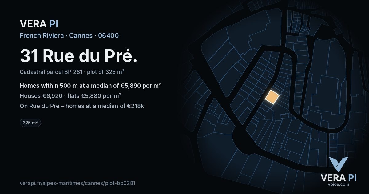 31 Rue du Pré, Cannes at night – the plot lit, the parcels around coloured by the prices near them