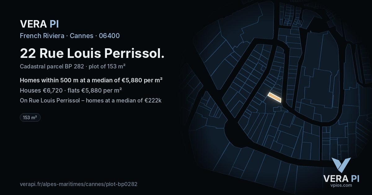 22 Rue Louis Perrissol, Cannes at night – the plot lit, the parcels around coloured by the prices near them