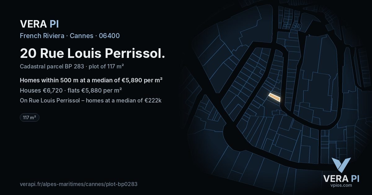 20 Rue Louis Perrissol, Cannes at night – the plot lit, the parcels around coloured by the prices near them