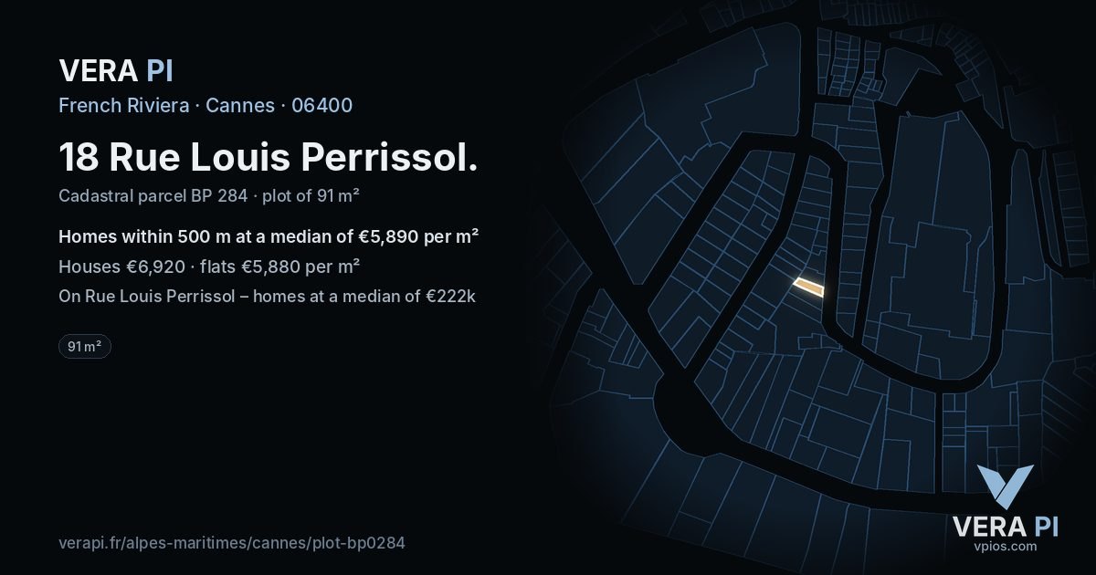 18 Rue Louis Perrissol, Cannes at night – the plot lit, the parcels around coloured by the prices near them