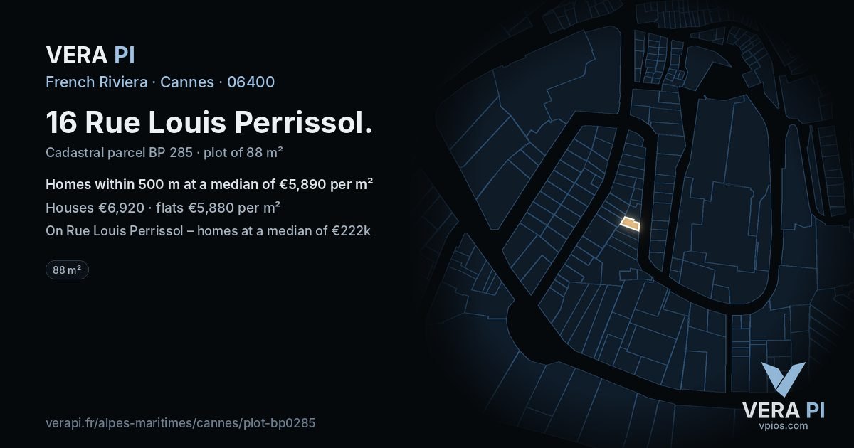 16 Rue Louis Perrissol, Cannes at night – the plot lit, the parcels around coloured by the prices near them