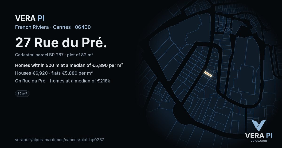 27 Rue du Pré, Cannes at night – the plot lit, the parcels around coloured by the prices near them