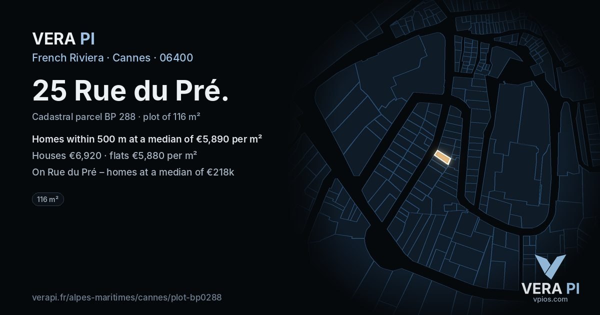 25 Rue du Pré, Cannes at night – the plot lit, the parcels around coloured by the prices near them
