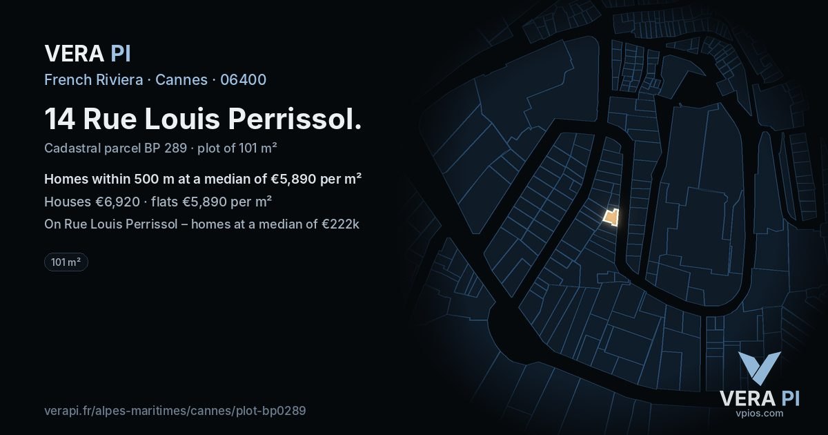 14 Rue Louis Perrissol, Cannes at night – the plot lit, the parcels around coloured by the prices near them