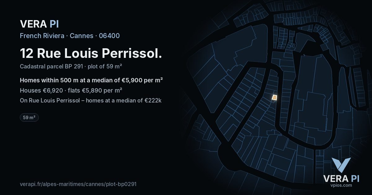 12 Rue Louis Perrissol, Cannes at night – the plot lit, the parcels around coloured by the prices near them