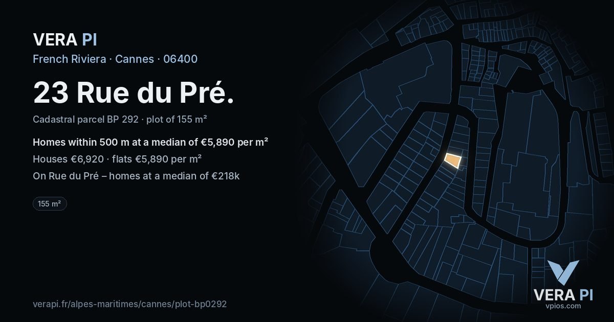 23 Rue du Pré, Cannes at night – the plot lit, the parcels around coloured by the prices near them