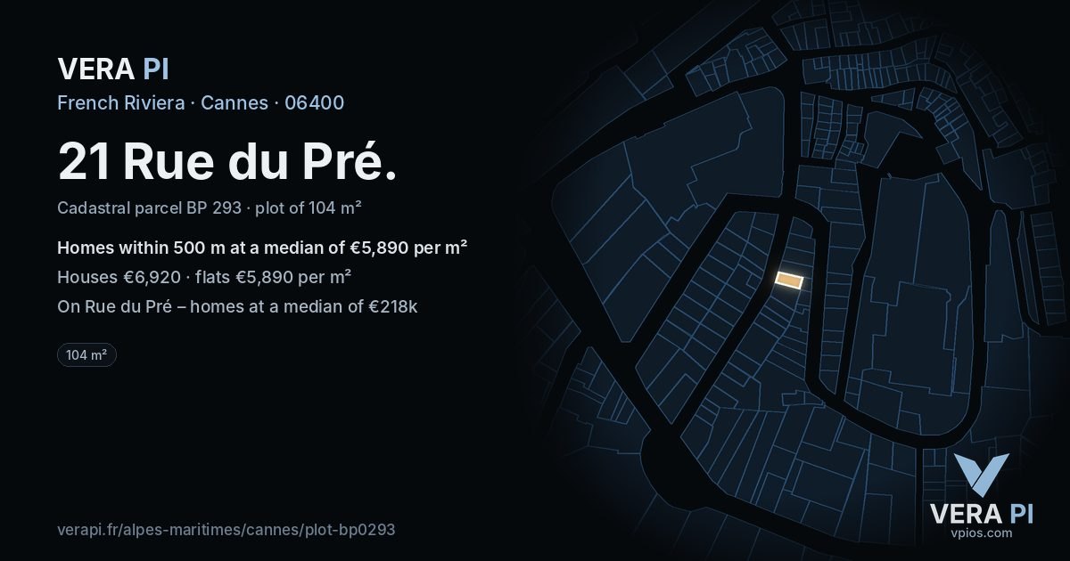 21 Rue du Pré, Cannes at night – the plot lit, the parcels around coloured by the prices near them