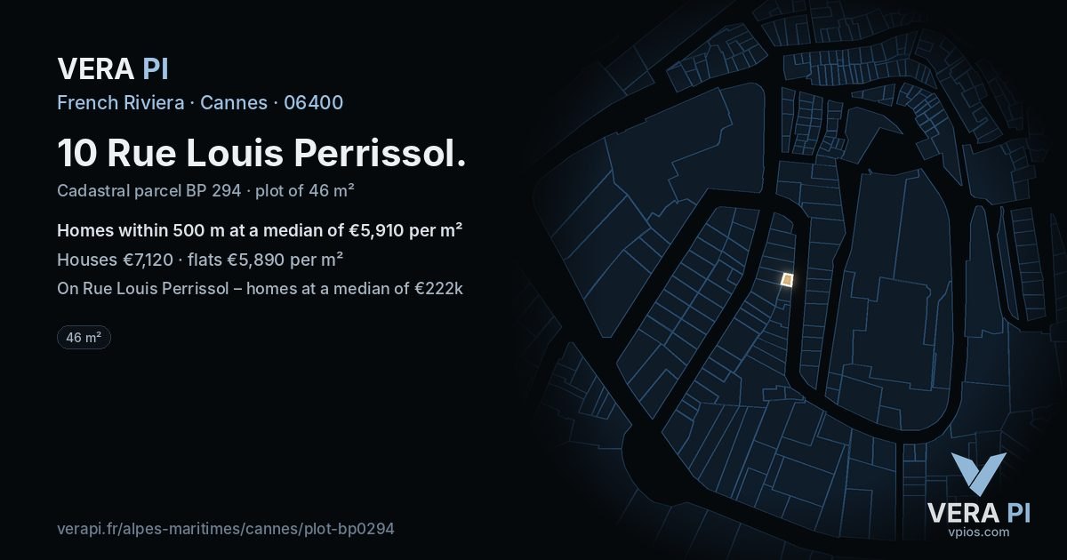 10 Rue Louis Perrissol, Cannes at night – the plot lit, the parcels around coloured by the prices near them