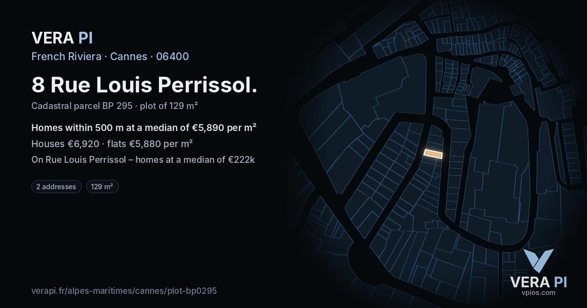 8 Rue Louis Perrissol, Cannes at night – the plot lit, the parcels around coloured by the prices near them