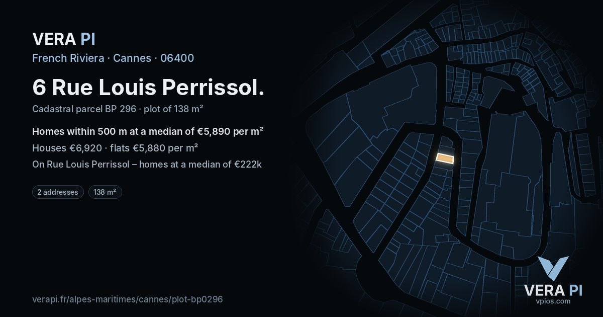 6 Rue Louis Perrissol, Cannes at night – the plot lit, the parcels around coloured by the prices near them