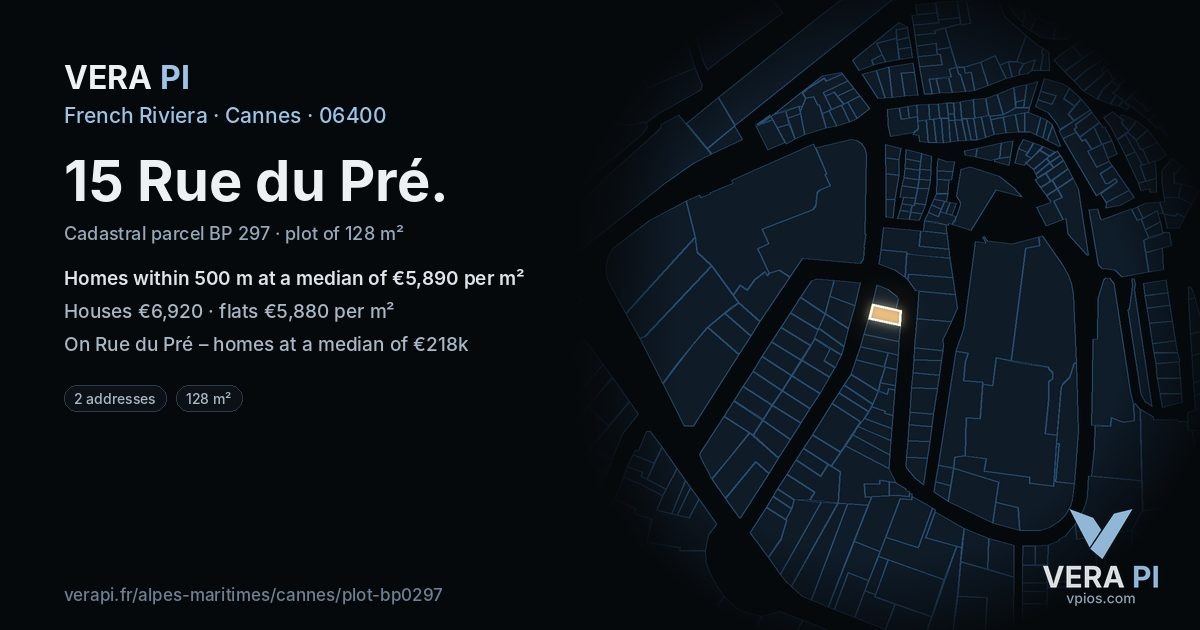 15 Rue du Pré, Cannes at night – the plot lit, the parcels around coloured by the prices near them