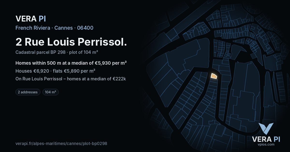 2 Rue Louis Perrissol, Cannes at night – the plot lit, the parcels around coloured by the prices near them