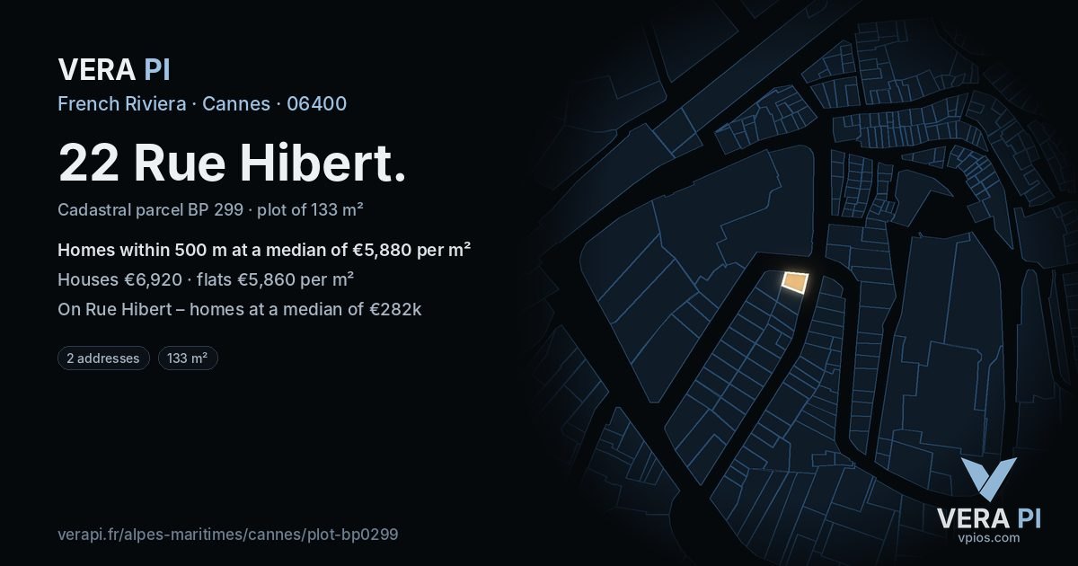22 Rue Hibert, Cannes at night – the plot lit, the parcels around coloured by the prices near them