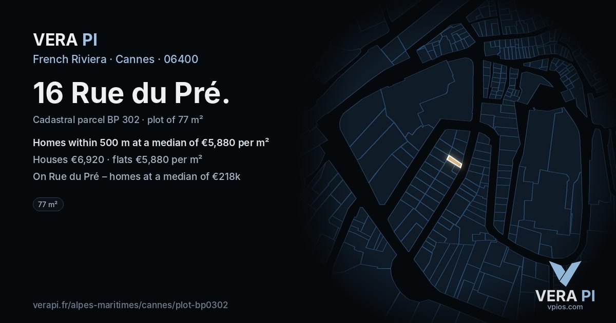 16 Rue du Pré, Cannes at night – the plot lit, the parcels around coloured by the prices near them