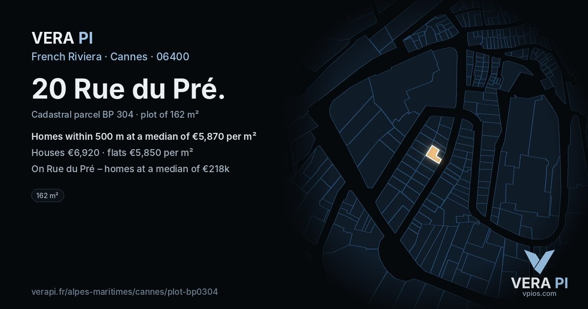20 Rue du Pré, Cannes at night – the plot lit, the parcels around coloured by the prices near them