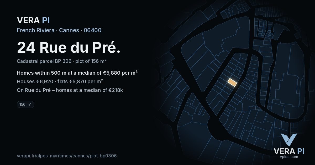 24 Rue du Pré, Cannes at night – the plot lit, the parcels around coloured by the prices near them